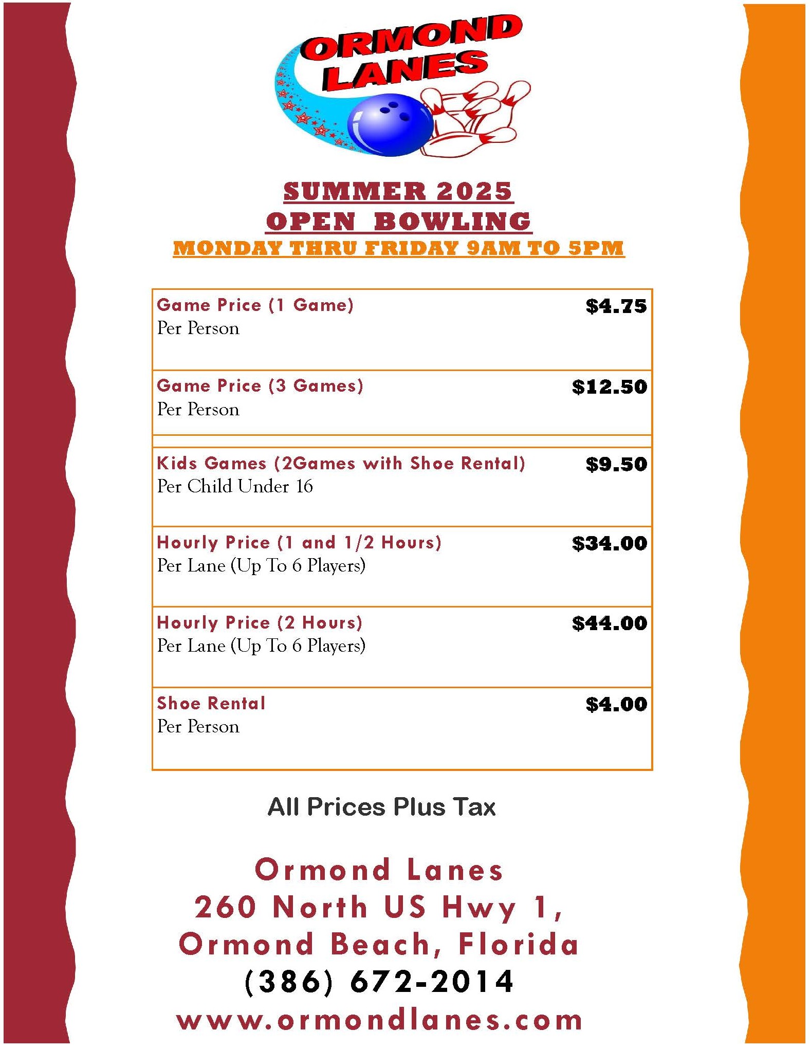 daytime open bowling prices